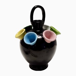 Vintage Black Lacquered Ceramic Tulip Vase attributed to Pucci Umbertide, Italy, 1950s