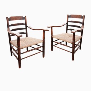 Set of Dutch Rural Ladder Back Oak Rush Seat Armchairs, 1920s