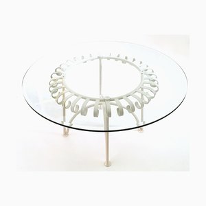 Table Basse en Métal Verni Blanc avec Plateau Rond en Verre, Italie, 1950s