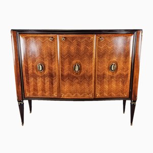 Credenza in mogano e palissandro con decorazioni in ottone e vetro, anni '50
