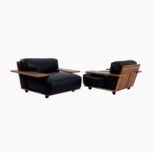 Pianura Armchairs in Black Leather by Mario Bellini for Cassina, 1970s, Set of 2