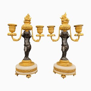 19th Century Putti Candleholders in Bronze, Ormolú and Marble, Set of 2