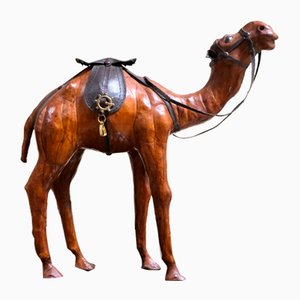 Vintage Aged Leather Camel Sculpture on Hand Carved Wood from Libertys