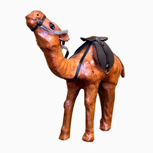 Vintage Aged Leather Camel Sculpture on Hand Carved Wood from Libertys