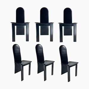 Postmodern High Back Black Leather Dining Chairs, 1980s, Set of 6