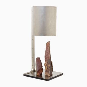 Brutalist Table Lamp in Steel and Red Shale by Phillipe Jean, 1970s