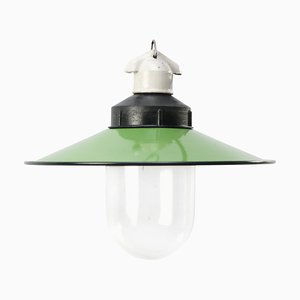 Vintage Industrial Green Enamel, Porcelain and Clear Glass Pendant Light