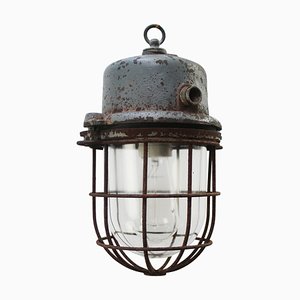 Lampada a sospensione vintage industriale in metallo grigio e vetro trasparente