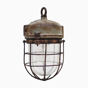 Lampada a sospensione vintage industriale in vetro trasparente e metallo grigio