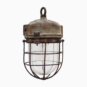 Lampe à Suspension Industrielle Vintage en Verre Clair & Métal Gris