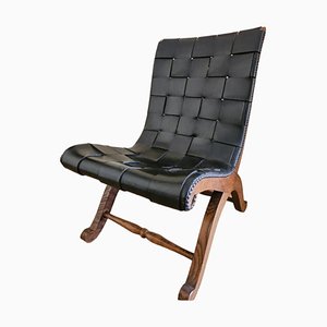 Mid-Century Wood and Leather Slipper Model Lounge Chair by Pierre Lottier