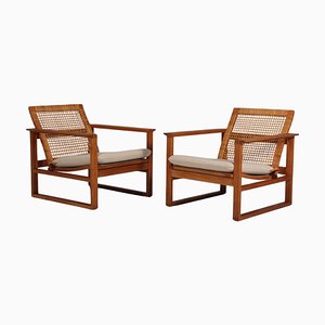 Lounge Chairs in Cane, Kvadrat and Oak attributed to Børge Mogensen for Fredericia, Denmark, 1960s, Set of 2