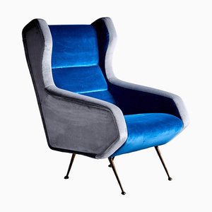 Vintage Italian Lounge Chair in Blue and Grey in the style of Gio Ponti, 1950s