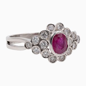 Vintage 18k White Gold Ring with Ruby ​​and Diamonds, 1960s