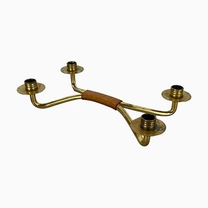 Modern Auböck Style Brutalist Brass and Leather Candleholder, 1950s