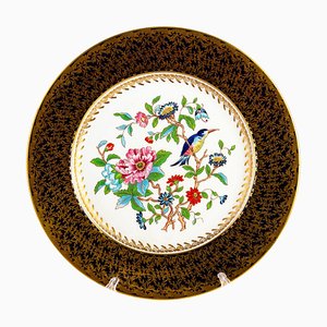 Englischer 24kt Gold Porzellanteller mit Blüten und exotischem Vogel von Aynsley