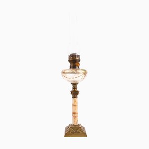 Jugendstil Öllampe aus Vergoldeter Bronze & Bemaltem Glas, Frühes 20. Jh.