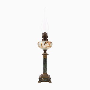 Lampe à Huile Art Nouveau en Bronze Doré et Verre Peint, Début du 20ème Siècle