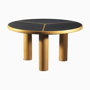 Sculptural Round Table in Wood, Brass and Dark Laminate, Italy 1970s