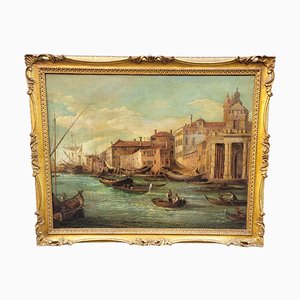 View of Venice, La Dogana, Oil on Canvas, 19th Century, Framed