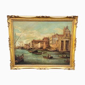 Vue de Venise, La Dogana, Huile sur Toile, 19ème Siècle, Encadrée