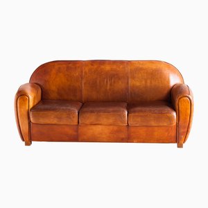 Vintage Art Deco Leather Club Sofa, France, 1950s