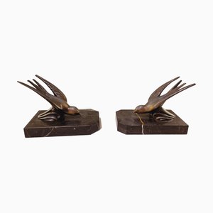 Art Deco French Bookends with Two Sparrows in Spelter on Marble, 1930s, Set of 2