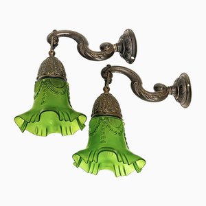 Jugendstil Messing Wandlampen mit Grünem Glasschirm, 1940er, 2er Set