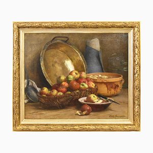 Cécile Bougourd, Still Life with Red Apples and Knife, Oil on Canvas, Late 19th Century, Framed