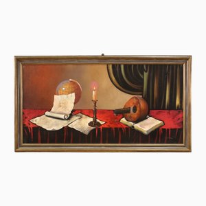 Bodegón con instrumentos musicales, 1980, Técnica mixta sobre lienzo, Enmarcado