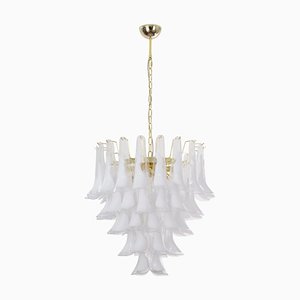 White and Crystal Color Murano Glass Petal Chandelier, Italy, 1990s