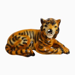 Kleine Vintage Tiger Skulptur aus Polychromem Gips, 1970er