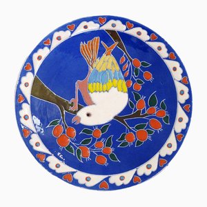 Piatto decorativo da parete con motivo a pappagalli e porcellana colorata di Kutahya Turkey, anni '70