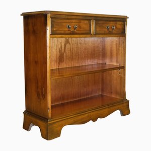 Vintage Yew Wood Open Dwarf Library Bookcase with Drawers