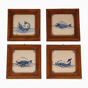 17th Century Baroque Framed Sea Creatures Monsters Tiles in Blue and White from Royal Delft, Set of 4