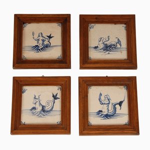 17th Century Baroque Tiles Framed Mermaids Sea Creatures Monsters Tiles in Blue and White from Royal Delft, Set of 4