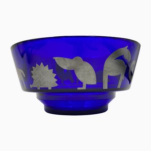 Blue Glass Bowl with Animal Motifs in Silver by Marco Susani & Elisabeth Vidal for Sottsass Associati, Italy, 1990s