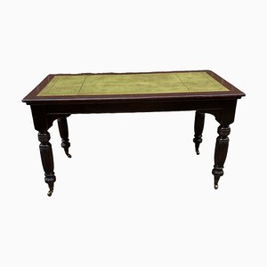 Victorian Writing Table in Mahogany Wood, Fluted Carved Legs on Casters & Olive Green Leather Top