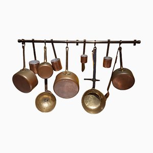 Sartén y utensilios de cocina españoles de cobre de finales del siglo XIX. Juego de 12