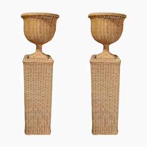 Vintage Wicker Urnen mit Sockel, 2er Set