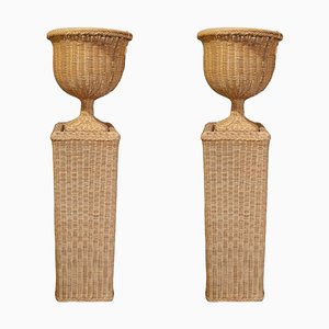 Vintage Wicker Urns with Base, Set of 2