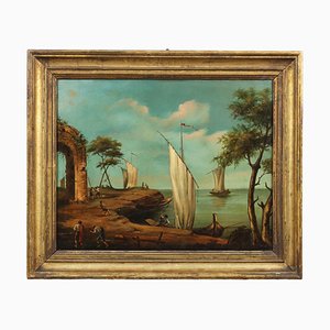 Coastal Landscape with Figures and Boats, Oil on Canvas, Framed