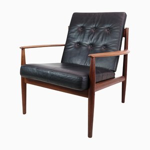Model 118 Armchair in Teak and Black Leather by Grete Jalk, 1960s