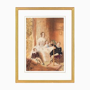 William Drummond, Mother & Children Within an Interior, 1800er, Aquarell