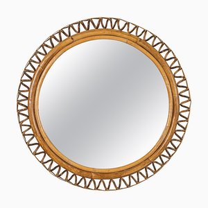 Mid-Century Round Rattan and Bamboo Wall Mirror, Italy, 1960s