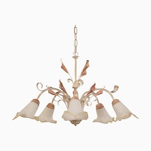 Suspension Chandelier with 5 Lights in White Murano Glass & Handmade Brass Structure, Italy, 1980s