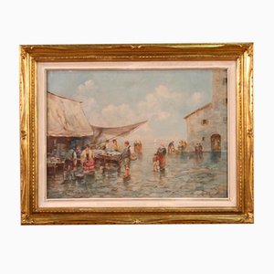 View of the Market by the Sea, 1960, Oil on Canvas, Framed