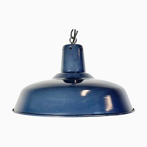 Lámpara colgante italiana industrial esmaltada en azul oscuro, años 60