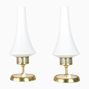 Midcentury Scandinavian Brass and Opaline Table Lamps, Set of 2