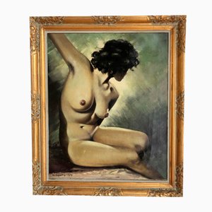 Maurise Legendre, mujer joven posando desnuda, 1949, óleo sobre lienzo, enmarcado